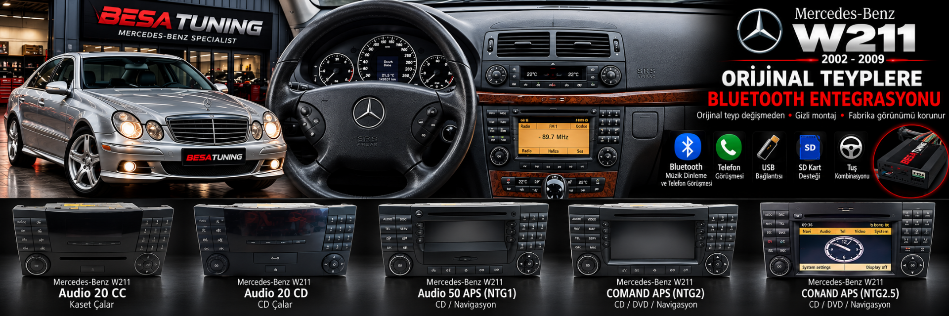 Mercedes-Benz Audio 20 (W211) Orijinal Teybe Bluetooth, USB & SD Kart Entegrasyonu